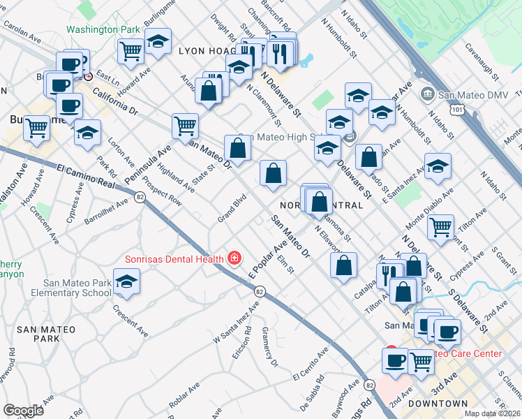map of restaurants, bars, coffee shops, grocery stores, and more near 261 East Bellevue Avenue in San Mateo