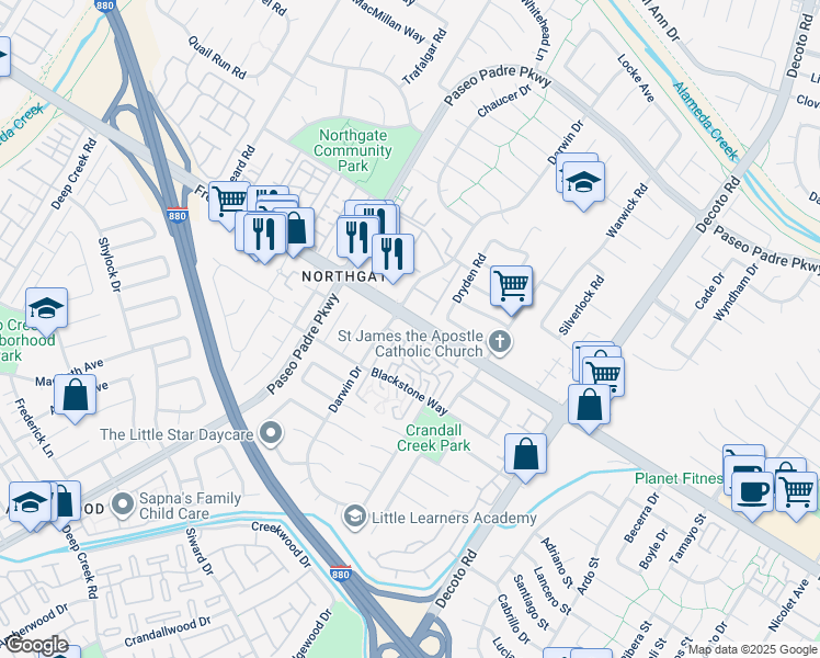 map of restaurants, bars, coffee shops, grocery stores, and more near 34547 Nantucket Common in Fremont