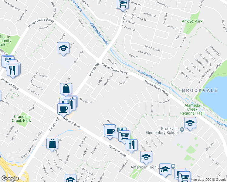 map of restaurants, bars, coffee shops, grocery stores, and more near 35263 Gawain Court in Fremont