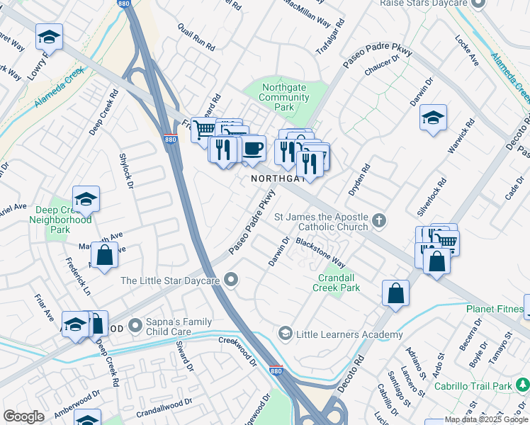 map of restaurants, bars, coffee shops, grocery stores, and more near 4122 Coralline Court in Fremont