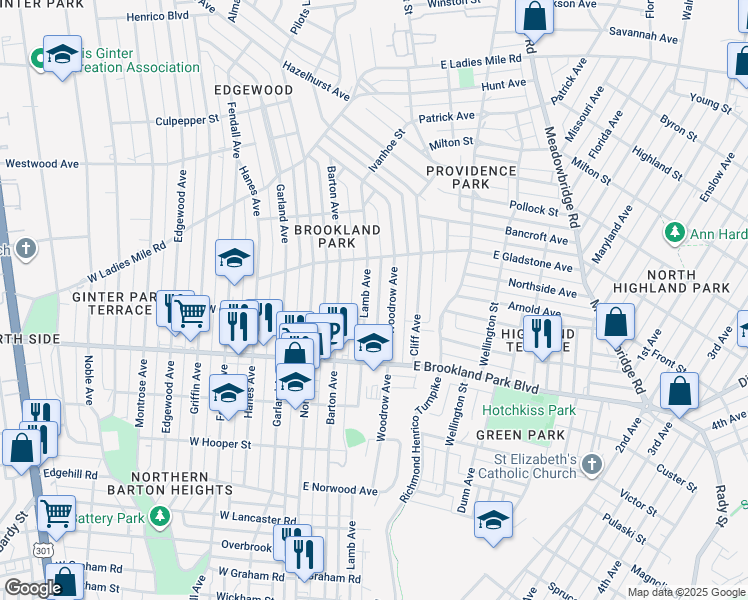 map of restaurants, bars, coffee shops, grocery stores, and more near 3113 Lamb Avenue in Richmond