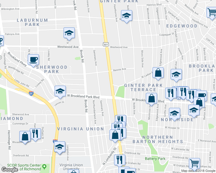 map of restaurants, bars, coffee shops, grocery stores, and more near 3005 Seminary Avenue in Richmond