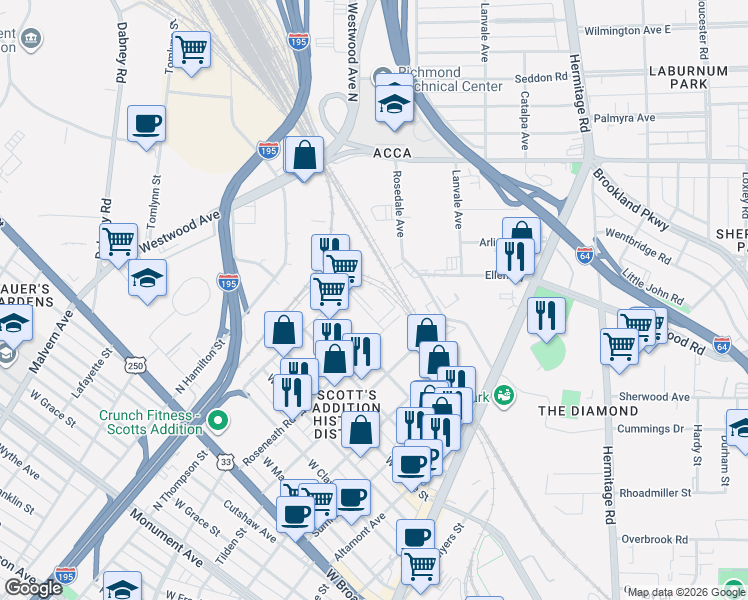 map of restaurants, bars, coffee shops, grocery stores, and more near 3406 Carlton Street in Richmond