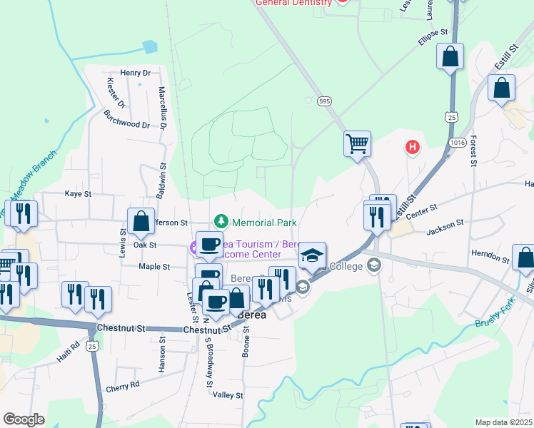 map of restaurants, bars, coffee shops, grocery stores, and more near 102 Mill Street in Berea