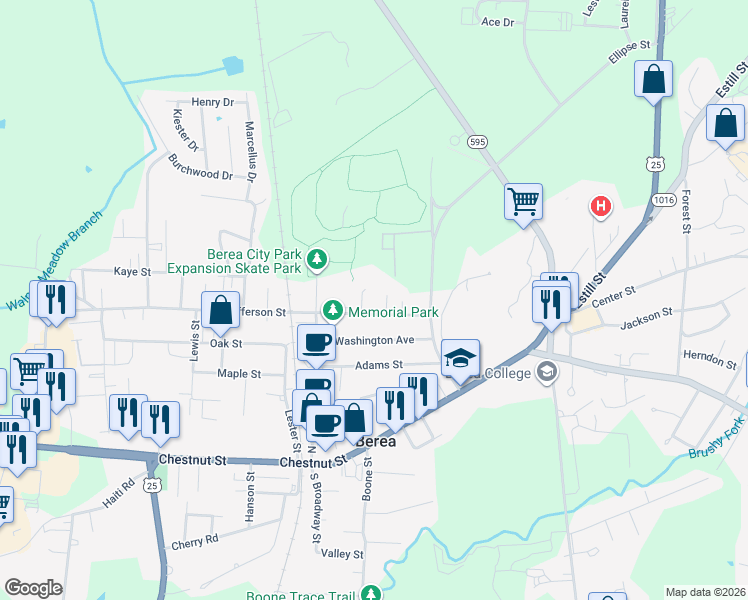 map of restaurants, bars, coffee shops, grocery stores, and more near 212 West Jefferson Street in Berea