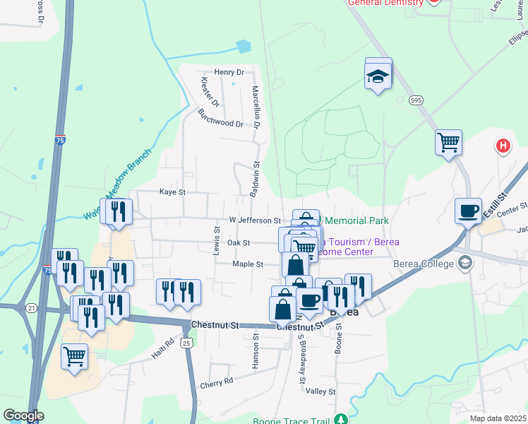 map of restaurants, bars, coffee shops, grocery stores, and more near 20 Baldwin Street in Berea