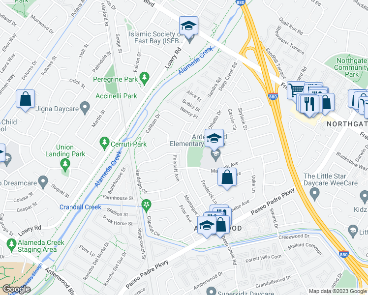 map of restaurants, bars, coffee shops, grocery stores, and more near 4597 Deep Creek Road in Fremont