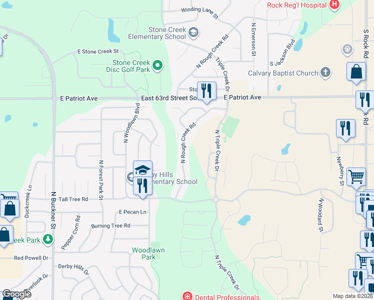 map of restaurants, bars, coffee shops, grocery stores, and more near 2506 North Rough Creek Road in Derby