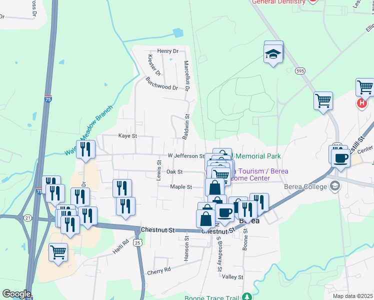 map of restaurants, bars, coffee shops, grocery stores, and more near 20 Baldwin Street in Berea
