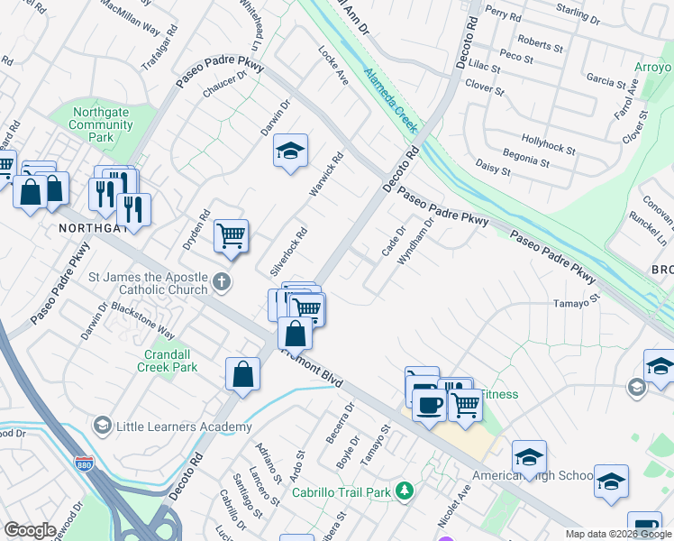 map of restaurants, bars, coffee shops, grocery stores, and more near 35110 Arbordale Court in Fremont