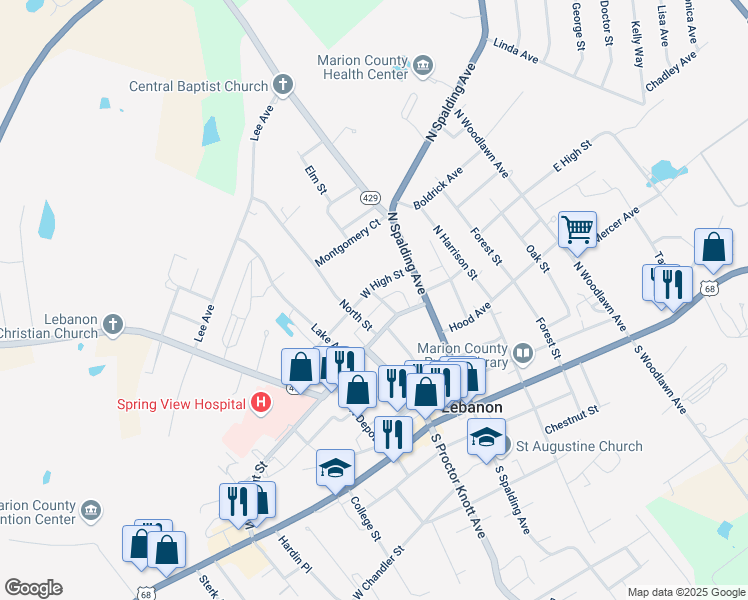 map of restaurants, bars, coffee shops, grocery stores, and more near 146-198 West High Street in Lebanon