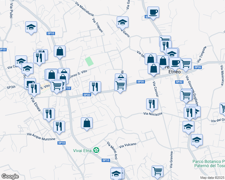 map of restaurants, bars, coffee shops, grocery stores, and more near 89 Via G. Marconi in Tremestieri Etneo