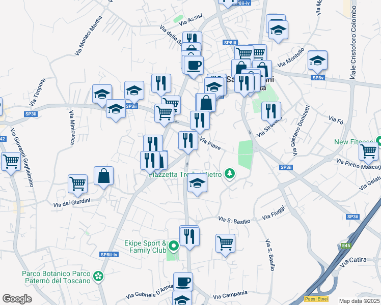 map of restaurants, bars, coffee shops, grocery stores, and more near 7 Piazza Recupero in San Giovanni La Punta