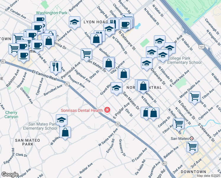 map of restaurants, bars, coffee shops, grocery stores, and more near 232 Grand Boulevard in San Mateo