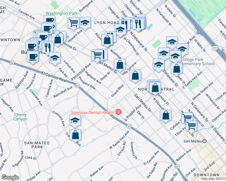 map of restaurants, bars, coffee shops, grocery stores, and more near 614 Highland Avenue in San Mateo