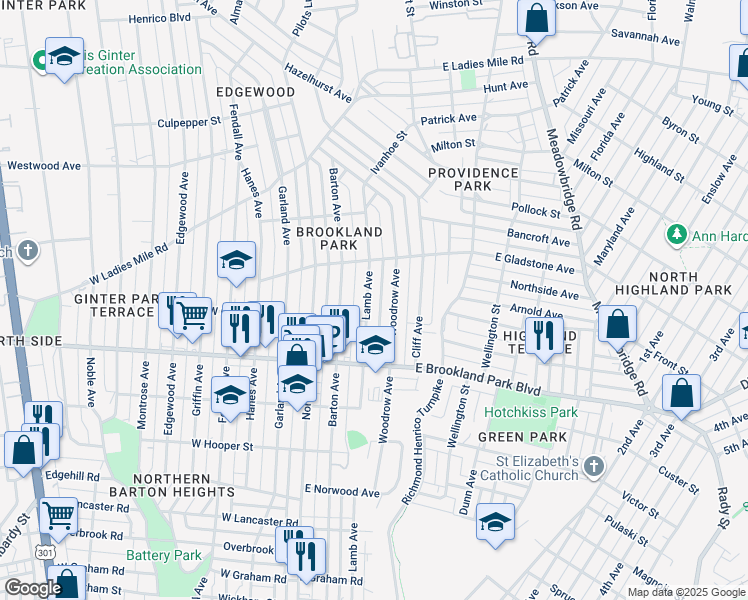 map of restaurants, bars, coffee shops, grocery stores, and more near 3113 Lamb Avenue in Richmond