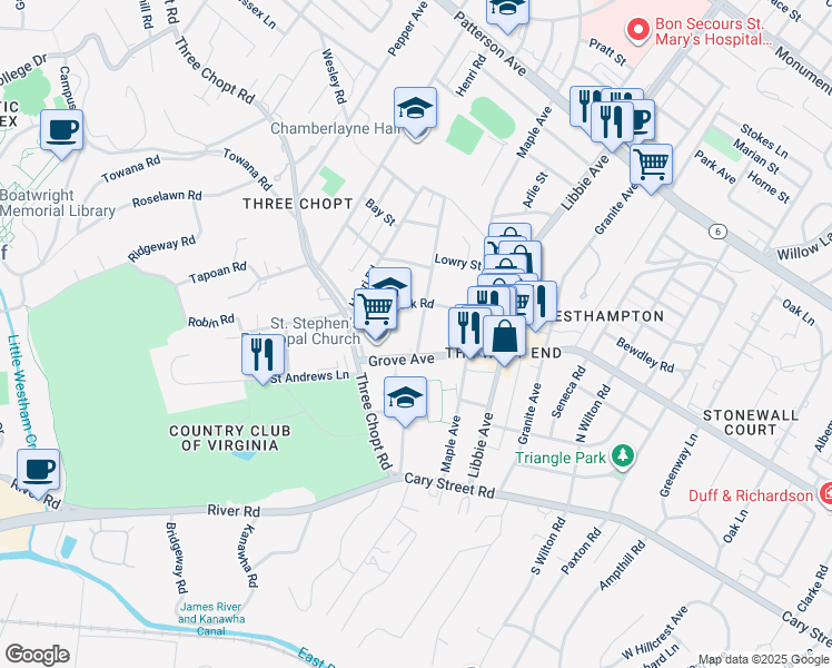 map of restaurants, bars, coffee shops, grocery stores, and more near in Richmond