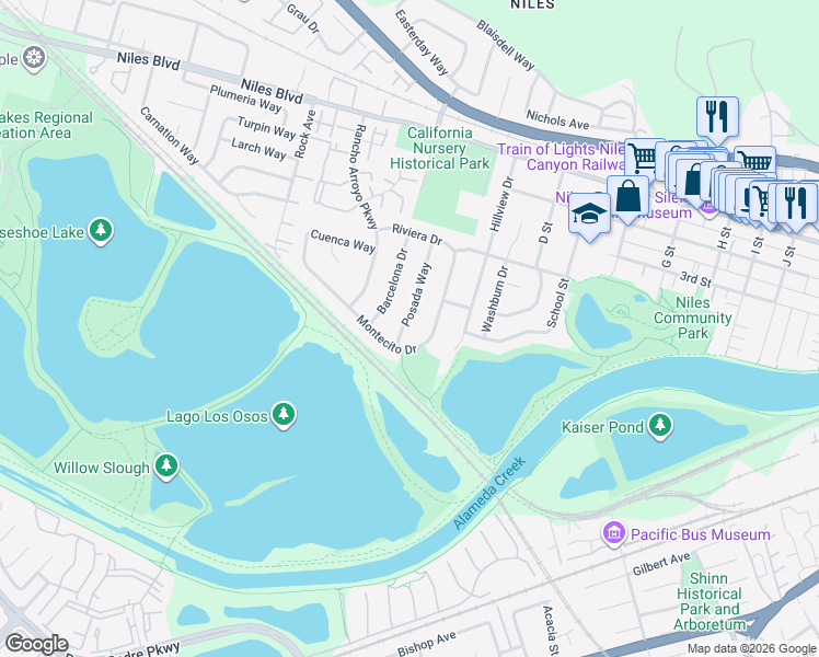 map of restaurants, bars, coffee shops, grocery stores, and more near 796 Posada Way in Fremont