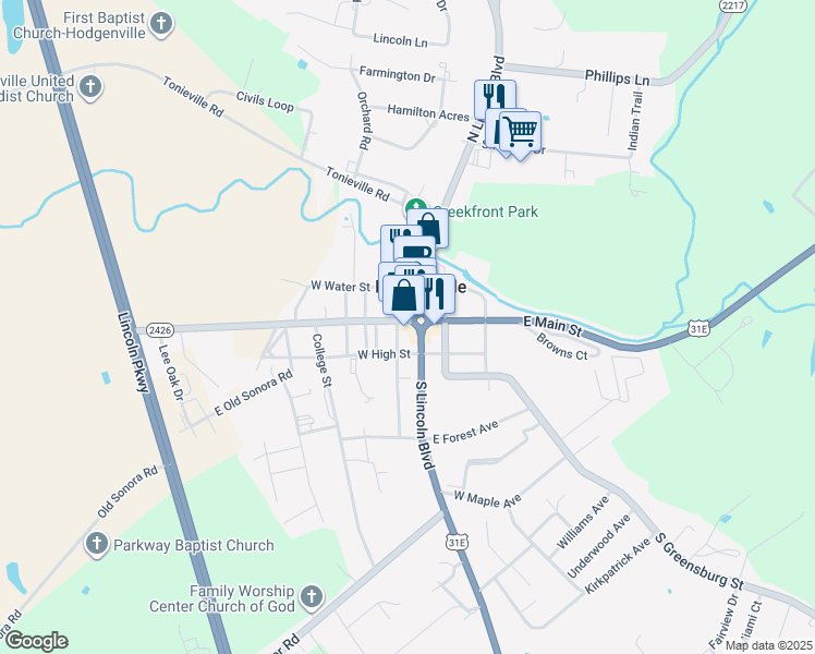 map of restaurants, bars, coffee shops, grocery stores, and more near 100 West Main Street in Hodgenville