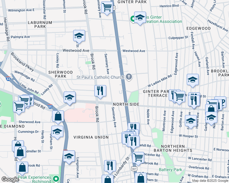 map of restaurants, bars, coffee shops, grocery stores, and more near 3007 Seminary Avenue in Richmond
