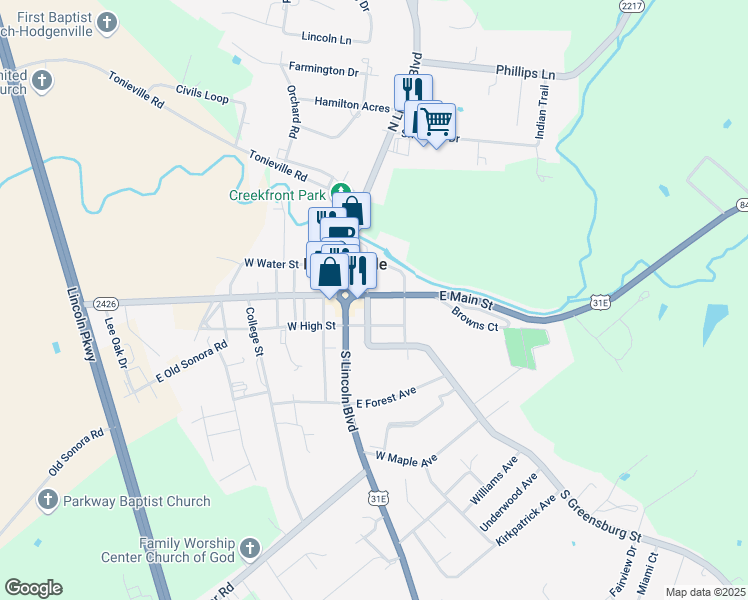 map of restaurants, bars, coffee shops, grocery stores, and more near 200 East Main Street in Hodgenville