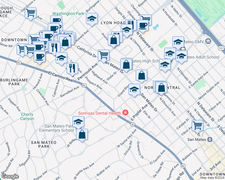 map of restaurants, bars, coffee shops, grocery stores, and more near 633 Highland Avenue in San Mateo