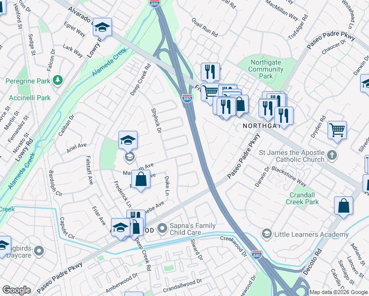 map of restaurants, bars, coffee shops, grocery stores, and more near 4459 Macbeth Circle in Fremont