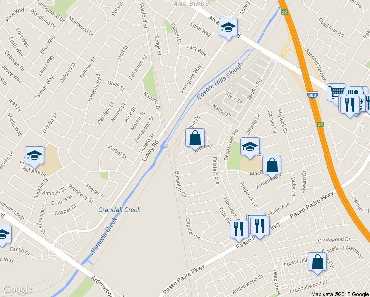 map of restaurants, bars, coffee shops, grocery stores, and more near 4697 Alonso Court in Fremont