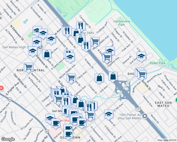 map of restaurants, bars, coffee shops, grocery stores, and more near 41 North Humboldt Street in San Mateo
