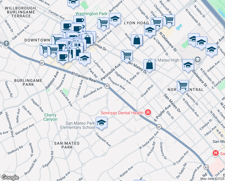 map of restaurants, bars, coffee shops, grocery stores, and more near 821 North El Camino Real in San Mateo