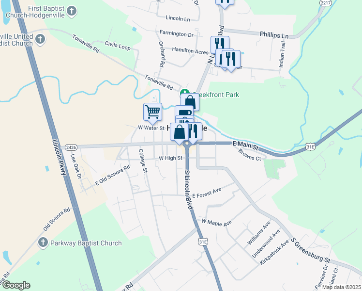 map of restaurants, bars, coffee shops, grocery stores, and more near 102 South Walters Avenue in Hodgenville