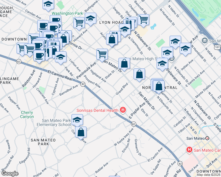 map of restaurants, bars, coffee shops, grocery stores, and more near 633 Highland Avenue in San Mateo