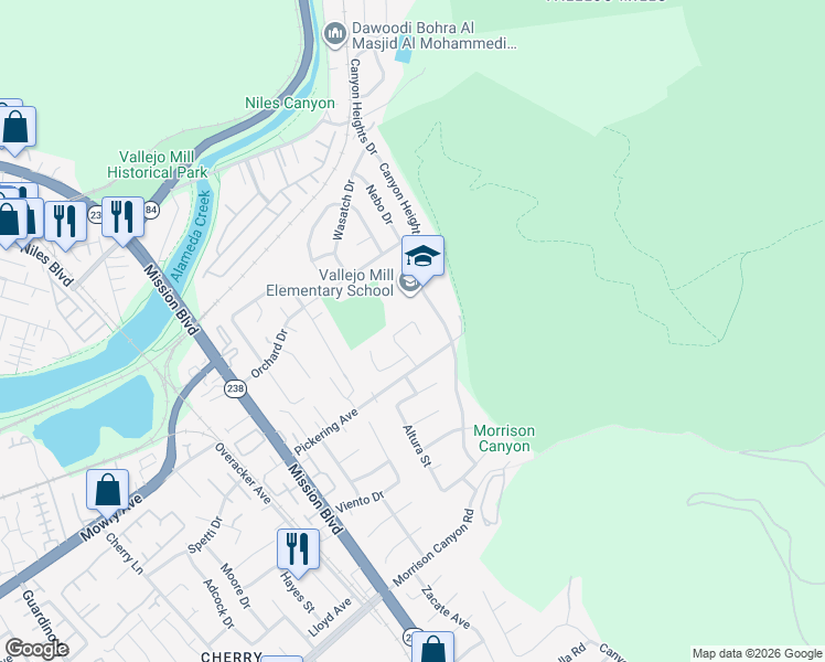 map of restaurants, bars, coffee shops, grocery stores, and more near 38662 Chrisholm Place in Fremont