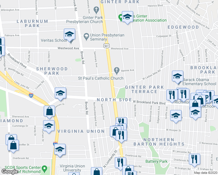 map of restaurants, bars, coffee shops, grocery stores, and more near 3006 Chamberlayne Avenue in Richmond