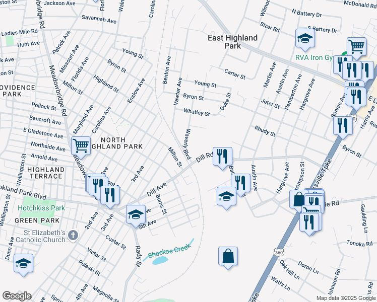 map of restaurants, bars, coffee shops, grocery stores, and more near 3311 Waverly Boulevard in Richmond