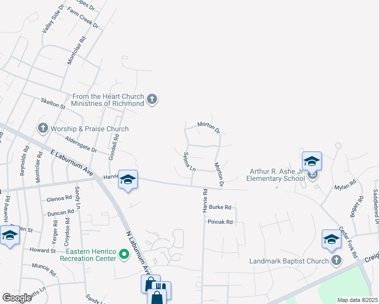 map of restaurants, bars, coffee shops, grocery stores, and more near 1317 Selma Lane in Richmond