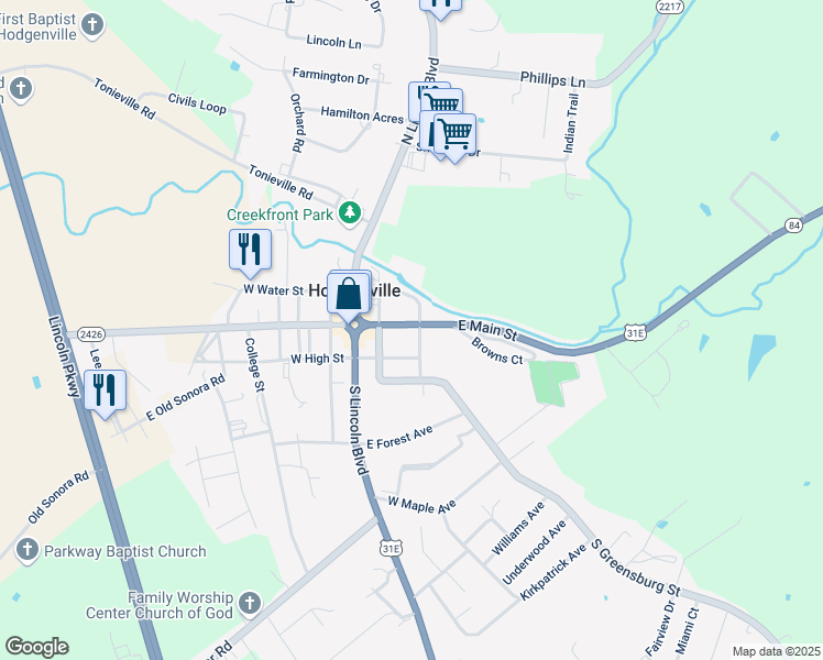 map of restaurants, bars, coffee shops, grocery stores, and more near 200-298 East Main Street in Hodgenville