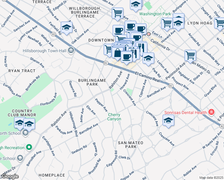 map of restaurants, bars, coffee shops, grocery stores, and more near 1575 Ralston Avenue in Burlingame