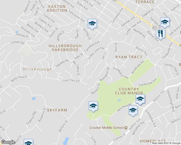 map of restaurants, bars, coffee shops, grocery stores, and more near 2146 Geri Lane in Hillsborough