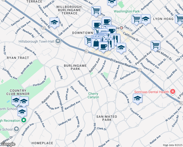 map of restaurants, bars, coffee shops, grocery stores, and more near 2 Ralston Court in Hillsborough