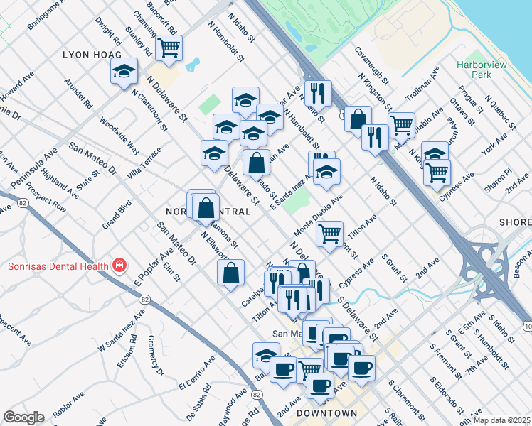 map of restaurants, bars, coffee shops, grocery stores, and more near East Santa Inez Avenue in San Mateo