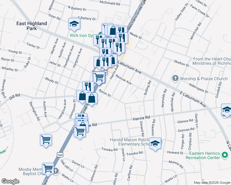 map of restaurants, bars, coffee shops, grocery stores, and more near 3605 Whitlock Avenue in Richmond