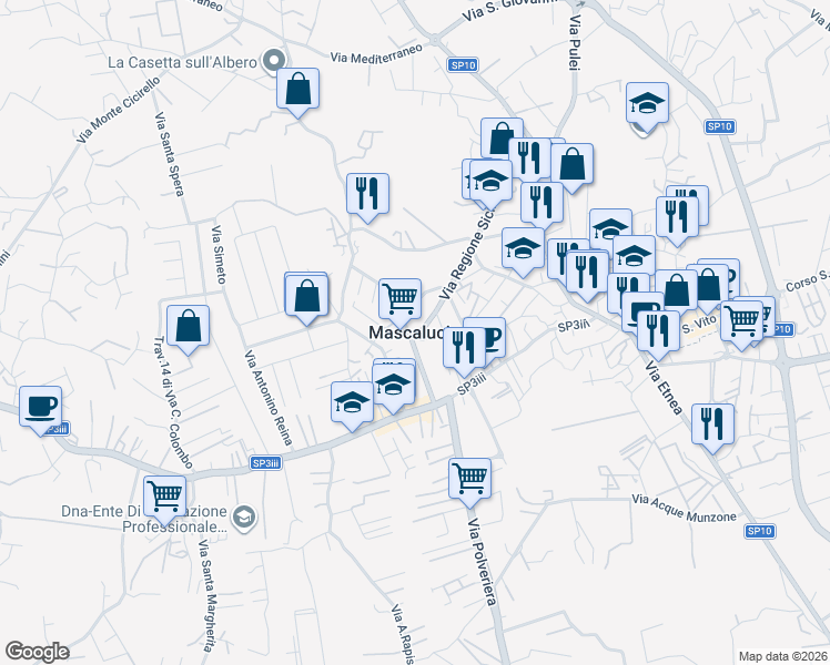 map of restaurants, bars, coffee shops, grocery stores, and more near 75 Via IV Novembre in Mascalucia