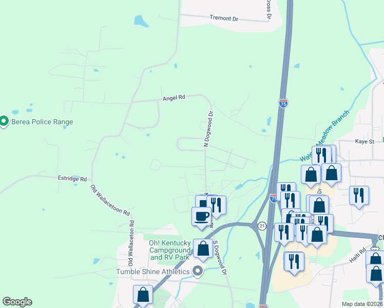map of restaurants, bars, coffee shops, grocery stores, and more near 105 Commerce Drive in Berea