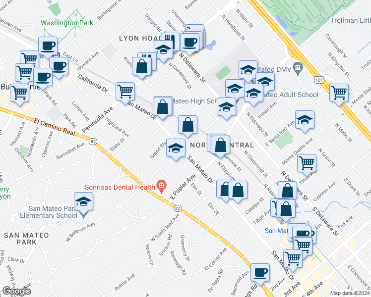 map of restaurants, bars, coffee shops, grocery stores, and more near 488 North San Mateo Drive in San Mateo