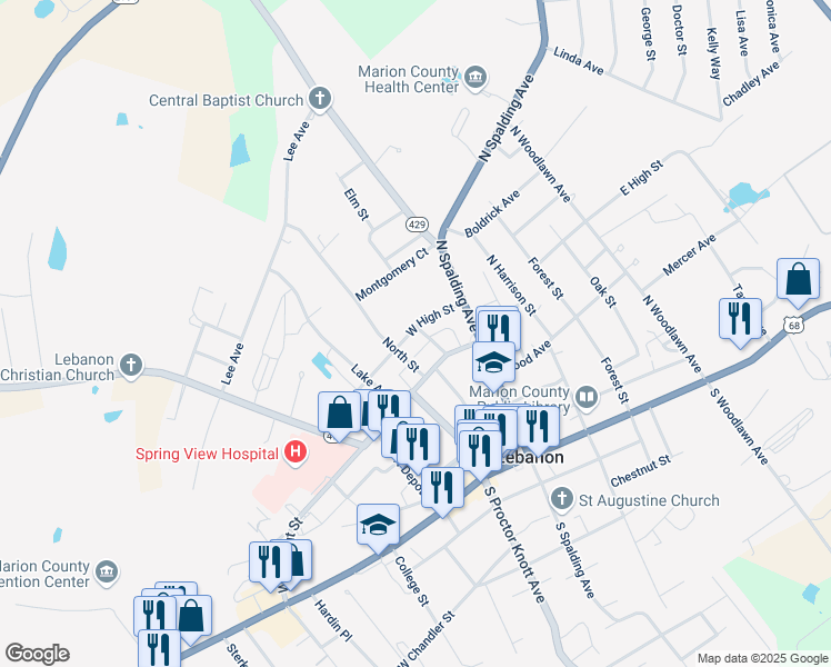 map of restaurants, bars, coffee shops, grocery stores, and more near 146 West High Street in Lebanon