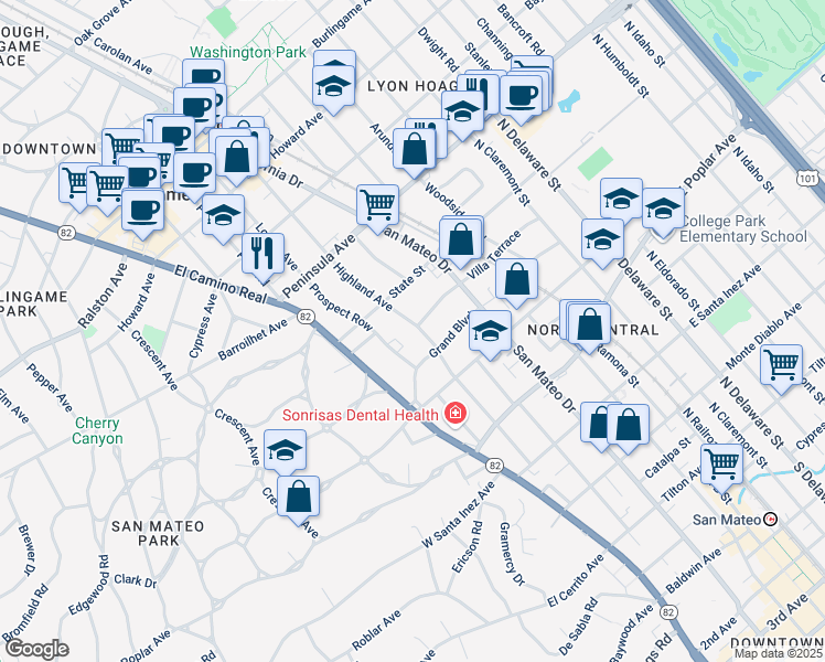 map of restaurants, bars, coffee shops, grocery stores, and more near 633 Highland Avenue in San Mateo