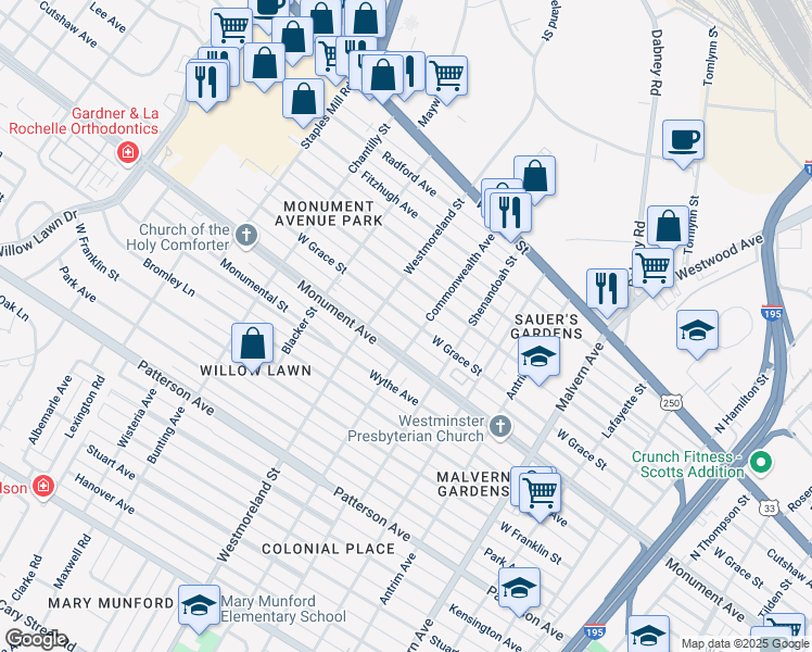 map of restaurants, bars, coffee shops, grocery stores, and more near 4505 West Grace Street in Richmond