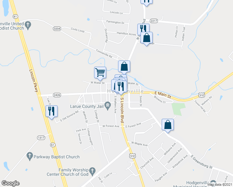 map of restaurants, bars, coffee shops, grocery stores, and more near 110 West Main Street in Hodgenville