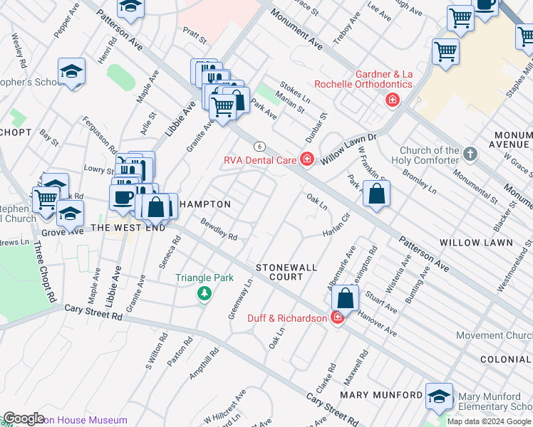 map of restaurants, bars, coffee shops, grocery stores, and more near 507 Tuckahoe Boulevard in Richmond